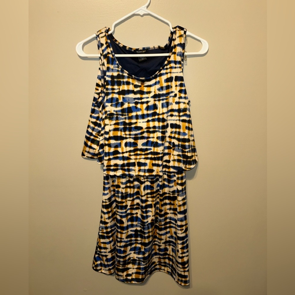 Robert Louis Blue and Yellow Abstract Midi Dress